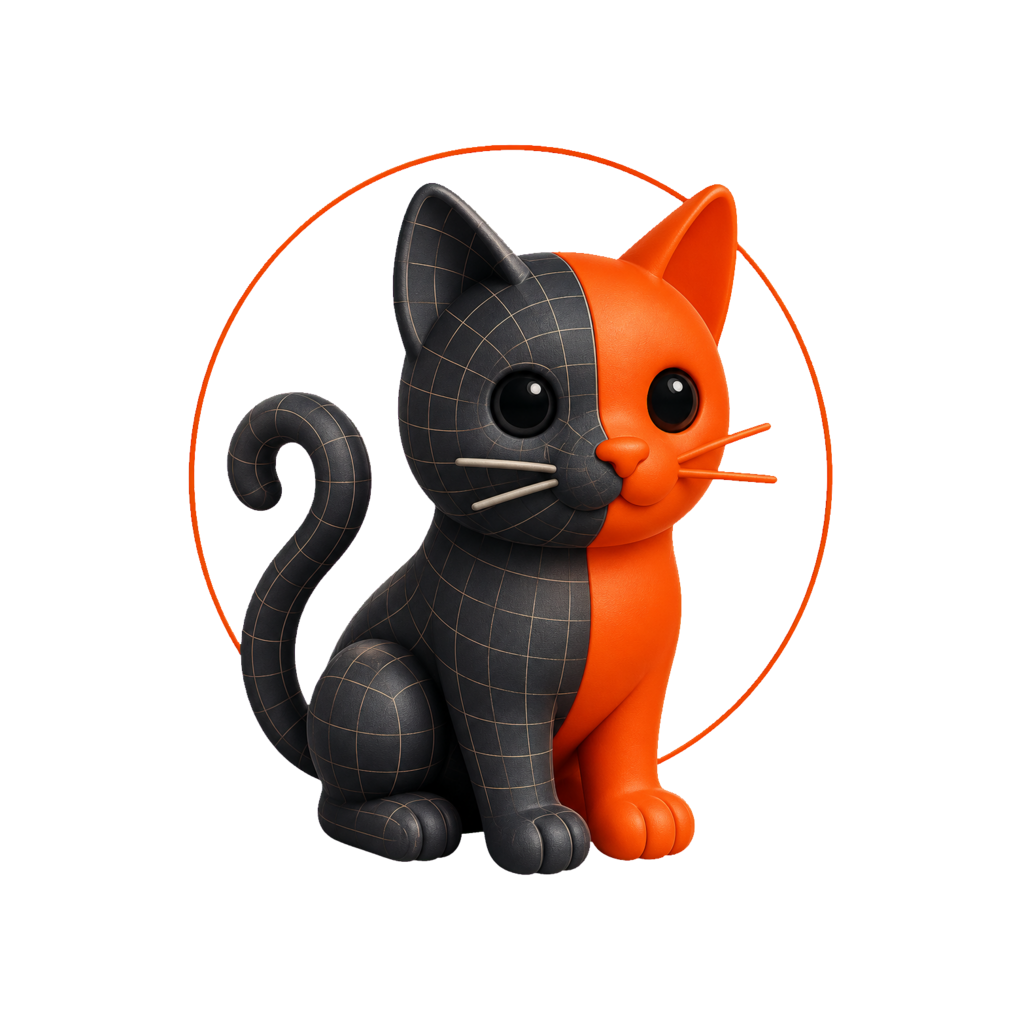 CAT.design mascot: a 3D cat split between wireframe mesh and finished orange form