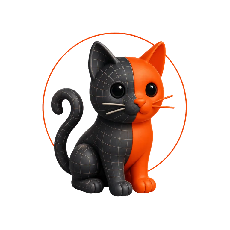 CATdesign mascot: a 3D cat split between wireframe mesh and finished orange form